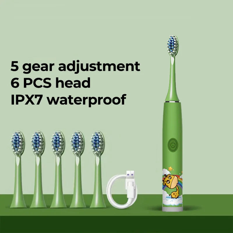 USB Sonic Child Electric Toothbrush Rechargeable Colorful Cartoon Brush Kids Automatic IPX7 Waterproof With Replacement Heads