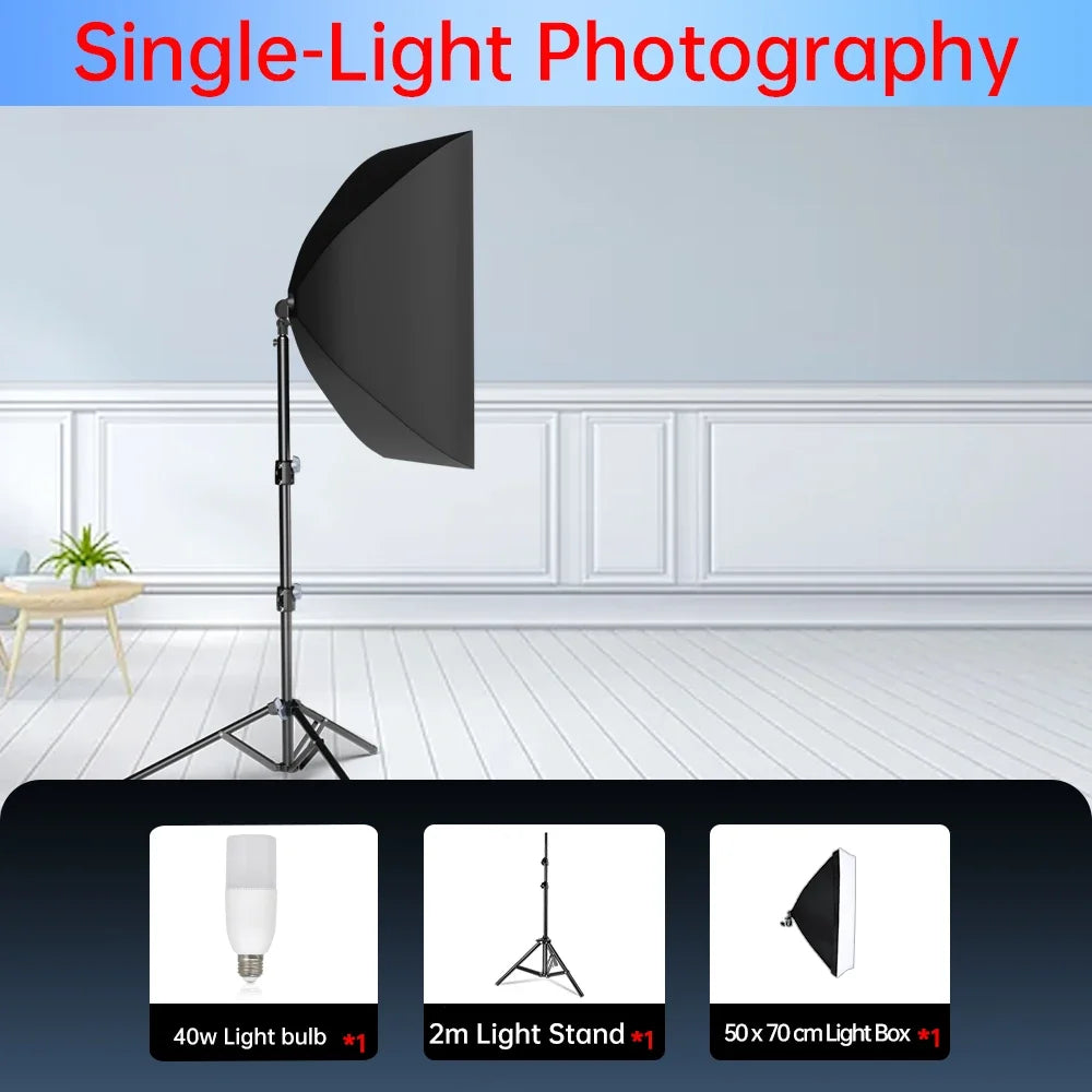 Single softbox photography light with 40W bulb on stand