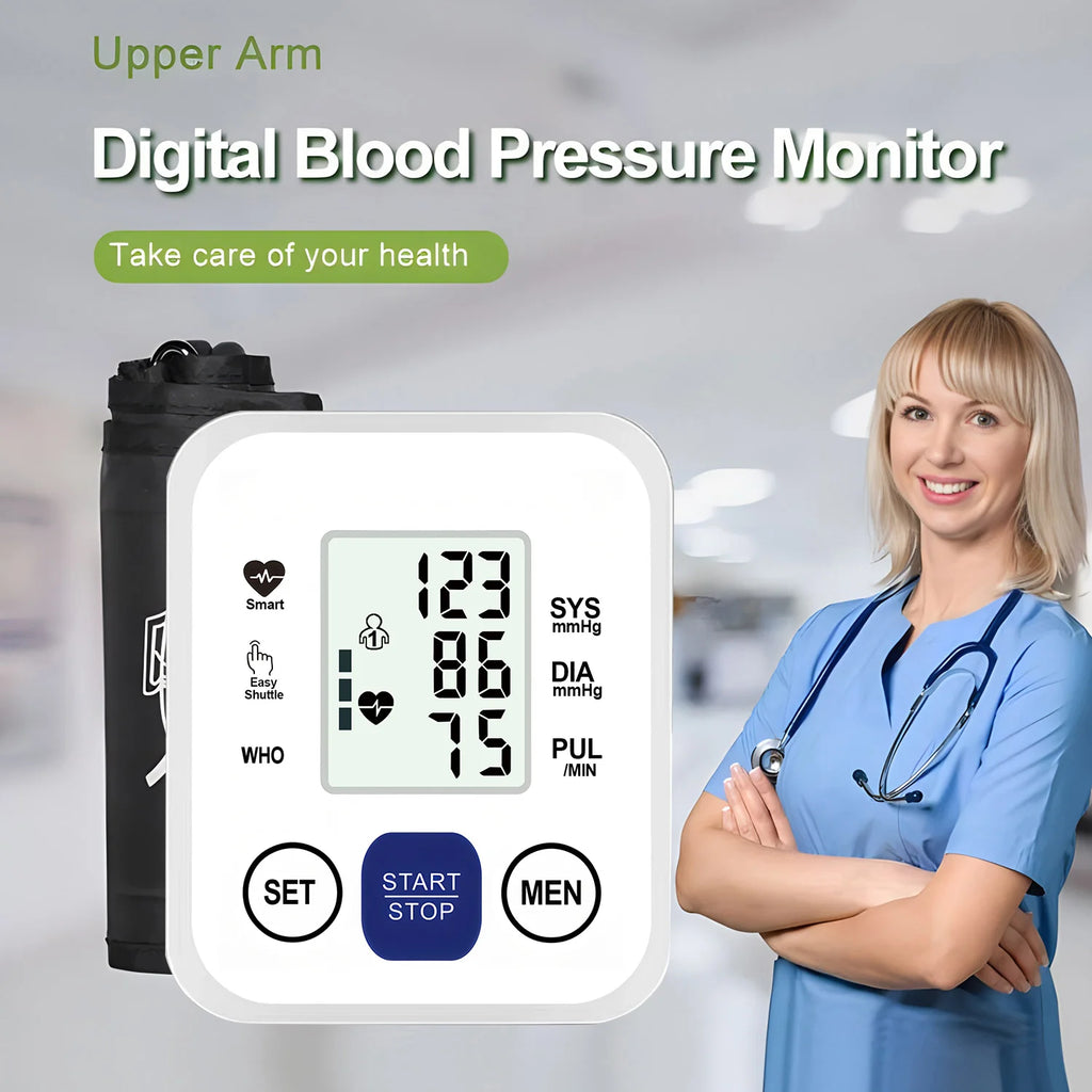 Upper Arm Digital Blood Pressure Monitor Automatic Home Medical BP Tensiometer Heart Rate Pulse Detector Large LCD Screen