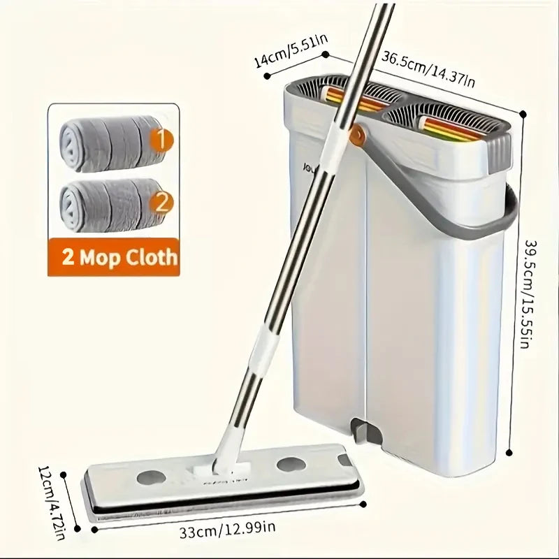 White bucket and flat mop with 2 gray microfiber cloths, 33cm head size