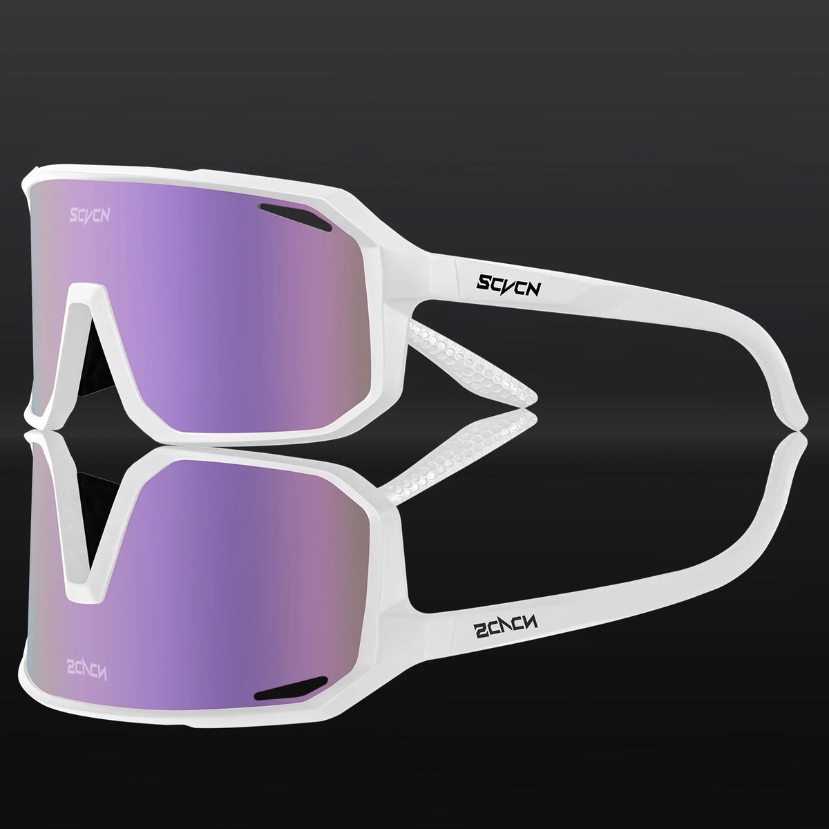 Cycling sunglasses with white frame and purple mirrored lenses