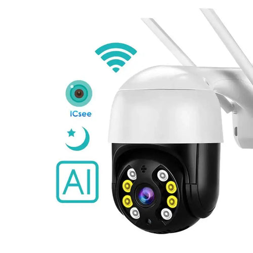 White ICSee PTZ Wi‑Fi security camera with two antennas and AI sensor lens