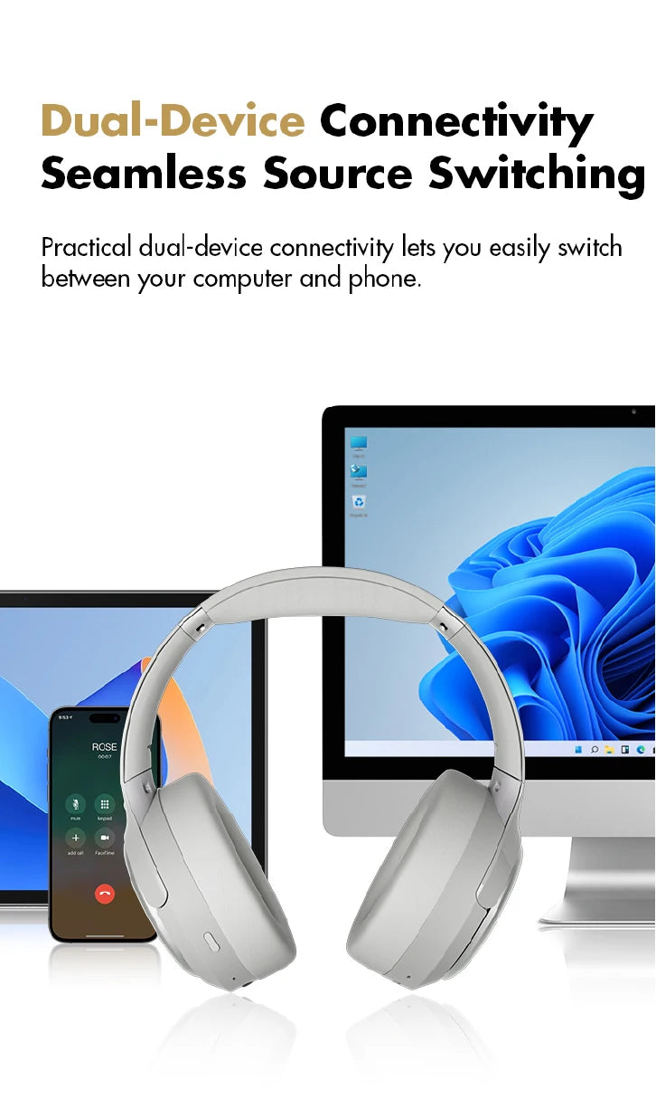 Wireless Noise Cancelling Headphones Over-Ear - Studio Audio White Tidesmit