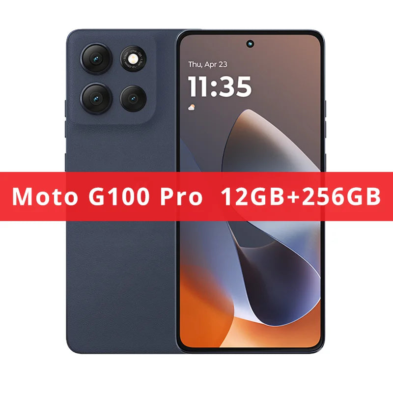 Blue Motorola Moto G100 Pro with 50MP triple camera system and 12GB RAM, 256GB storage, front and back view.