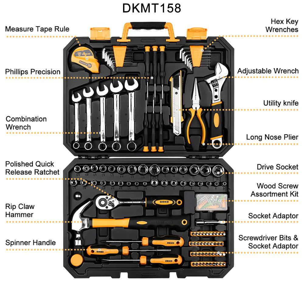 DEKO DKMT158 tool kit case with sockets, pliers, adjustable wrench, and utility knife