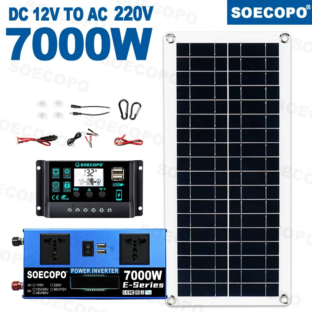 7000W Portable Solar Generator Kit 12V/24V To 110V 220V Inverter 100A Controller 200W Panel Power Mini Fridge Lights for Camping