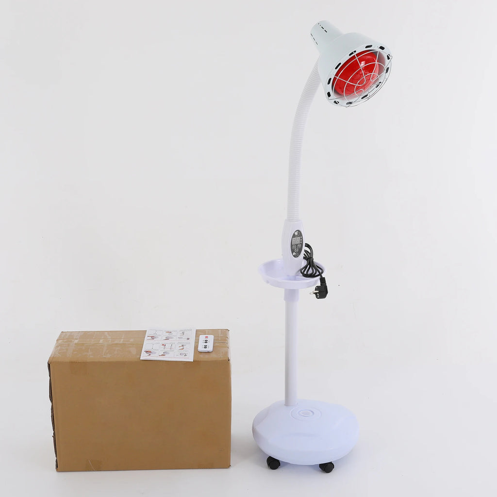 275W infrared heat therapy lamp with adjustable base, remote control, timer, and rolling stand for muscle pain relief.