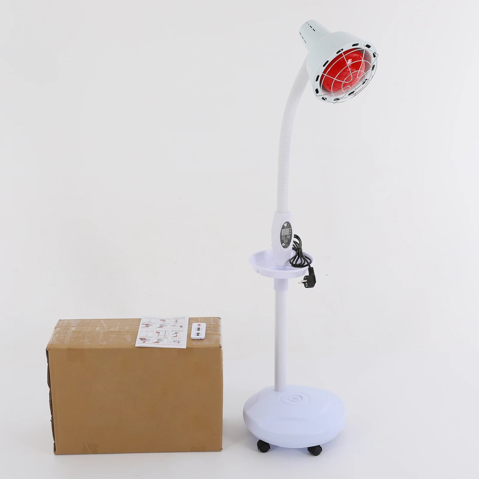 275W infrared heat therapy lamp with adjustable base, remote control, timer, and rolling stand for muscle pain relief.