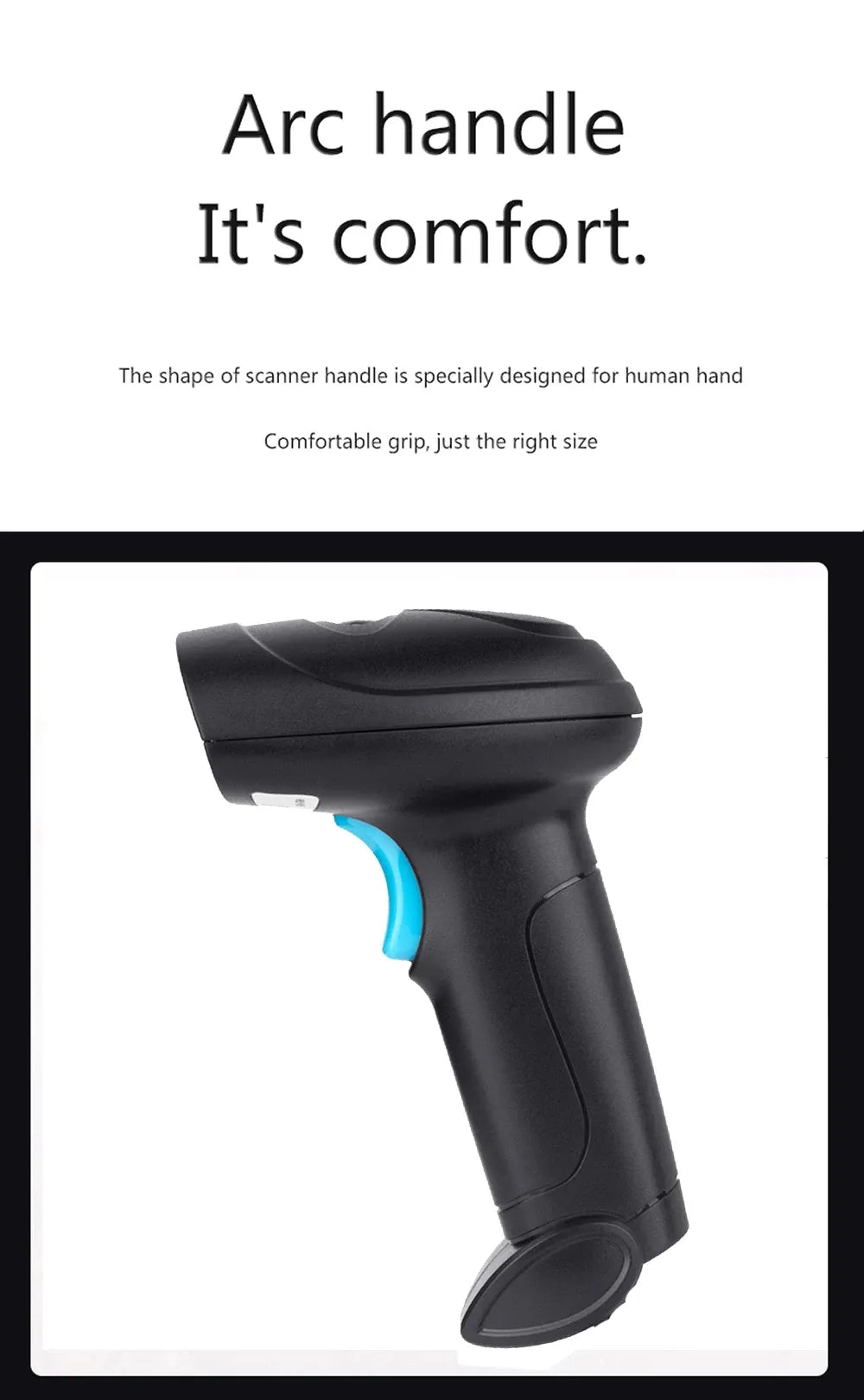 Black ergonomic handheld barcode scanner with blue grip detail and curved handle