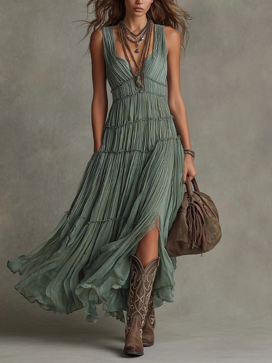 Women's Boho Green Tiered Maxi Dress Sleeveless V-Neck Pleated Flowy Dress Vintage Inspired Chic Boho Maxi Dress for Women