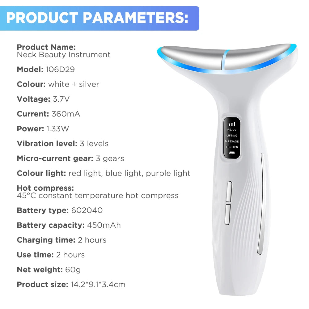 White and silver T-shaped handheld facial massager with a digital LED screen and blue light detailing.