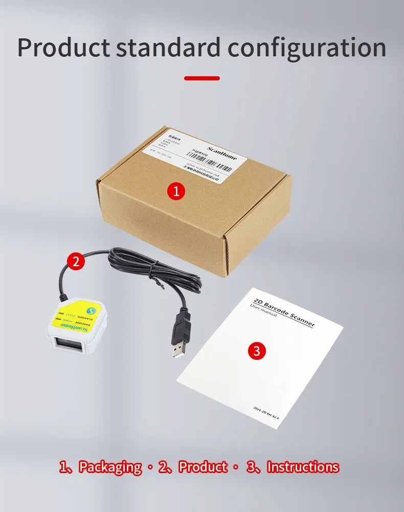Barcode scanner package set with scanner unit, USB cable, and instruction sheet