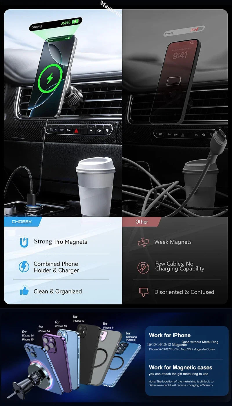 Magnetic Wireless Car Charger 15W - MagSafe Compatible Air Vent Mount Tidesmit