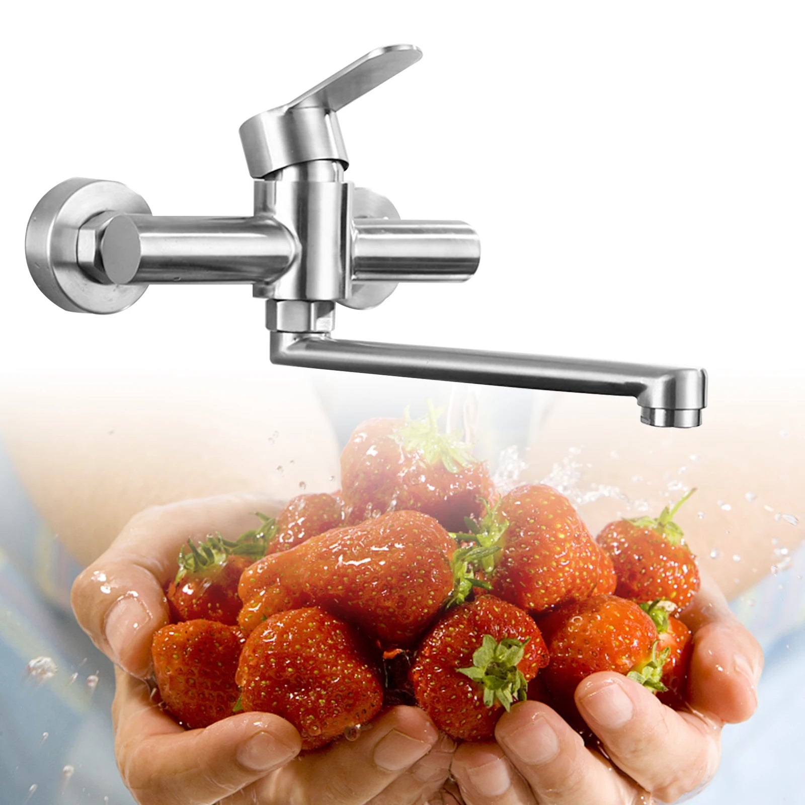 Silver Wall-Mounted Stainless Steel Rotatable Kitchen Faucet 360° Single Handle Hot and Cold Water Faucet For Both Homes Etc