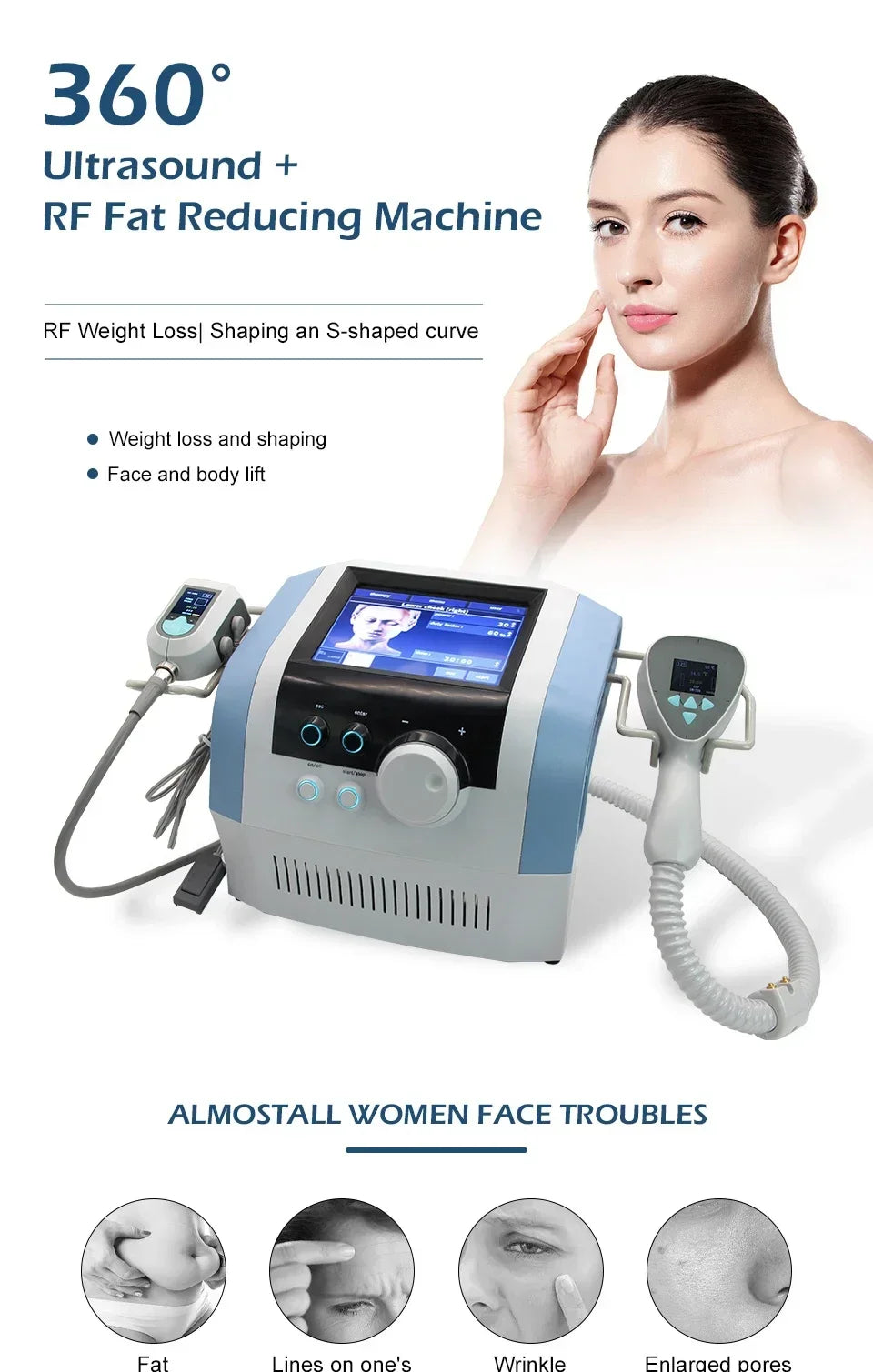 Ultra 360 RF body contouring machine with blue and white casing, LCD screen, and two applicators for skin tightening.