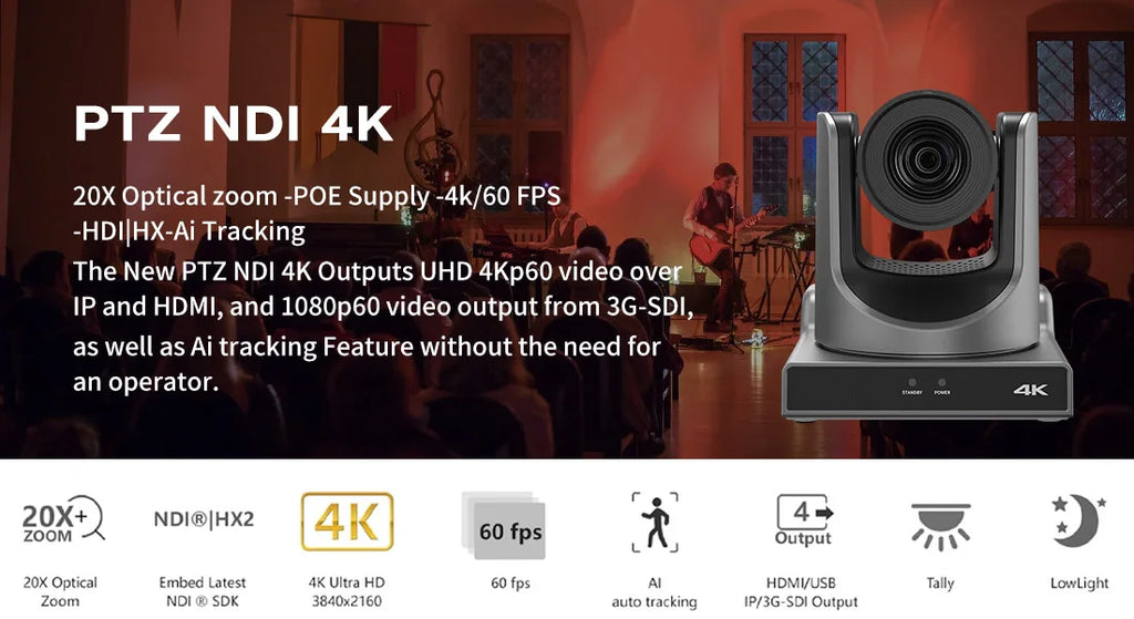 Runpu 4K60FPS NDI Camera POE 12X 20X Zoom AI Tracking PTZ Camera SDI HDMI USB POE IP Conference Camera for Church Live Streaming