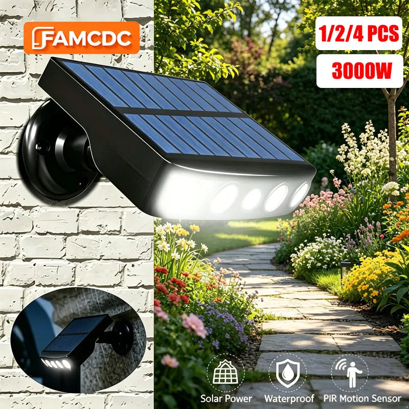 3000W Solar Powered Outdoor Wall Light Motion Sensor Security Lights 4 LED Bulbs 3 Modes Night Work Lamp for Patio Garden Porch Fence Corridor Balcony