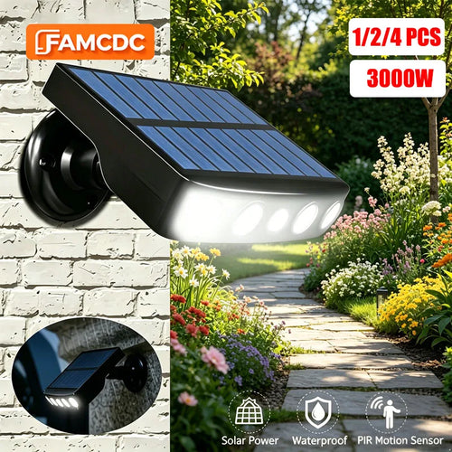 Solar motion sensor wall light with white LEDs on black housing and angled solar panel