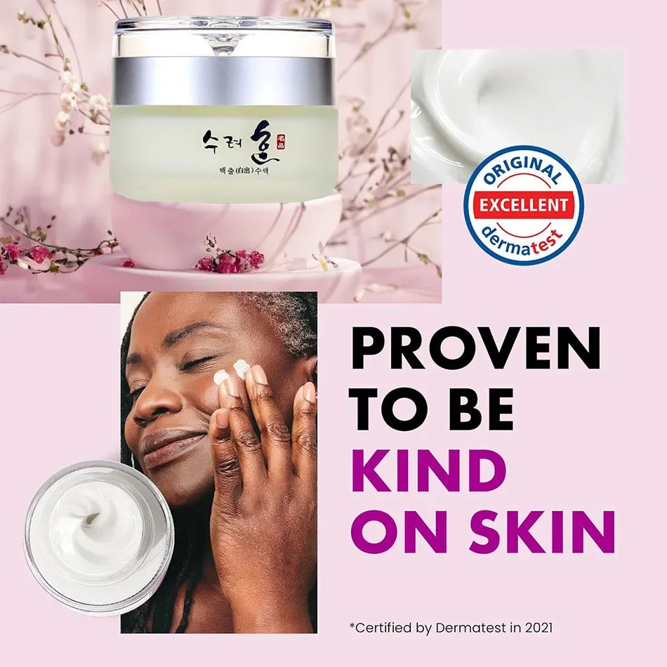 A 50g jar of Korean anti-aging cream next to a close-up of white cream and a person applying it to their cheek.