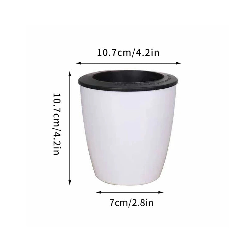 Self-watering plant pot, white with black rim and opening, 10.7cm tall, 7cm wide