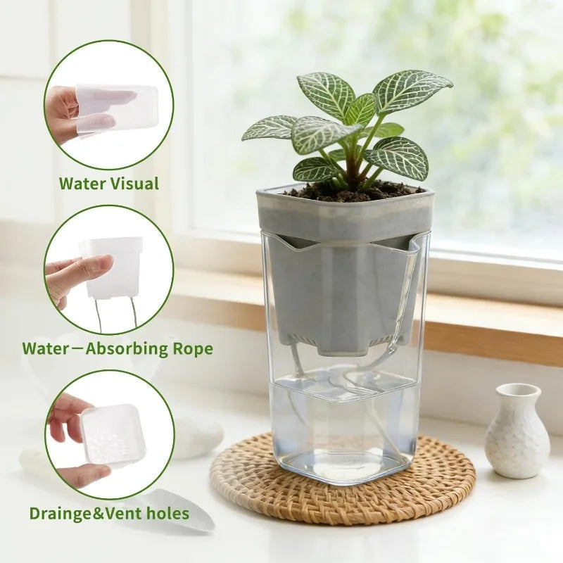 Clear double-layer self-watering pot with drainage vent holes and water reservoir base