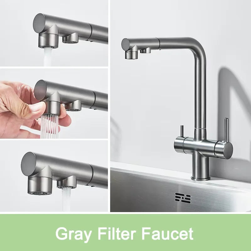 Black Water Purifier Kitchen Faucet 2 In 1 Pull Out Flexible Hot and Cold Water Mixer Tap with Filter Nozzle Faucets