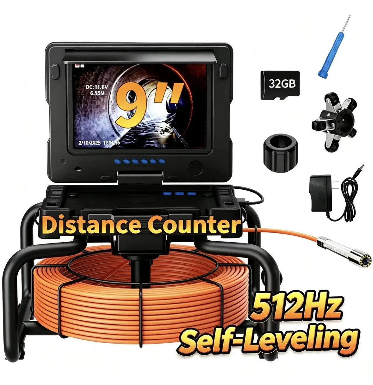 Drain inspection camera distance counter with orange self-leveling cable, 512Hz