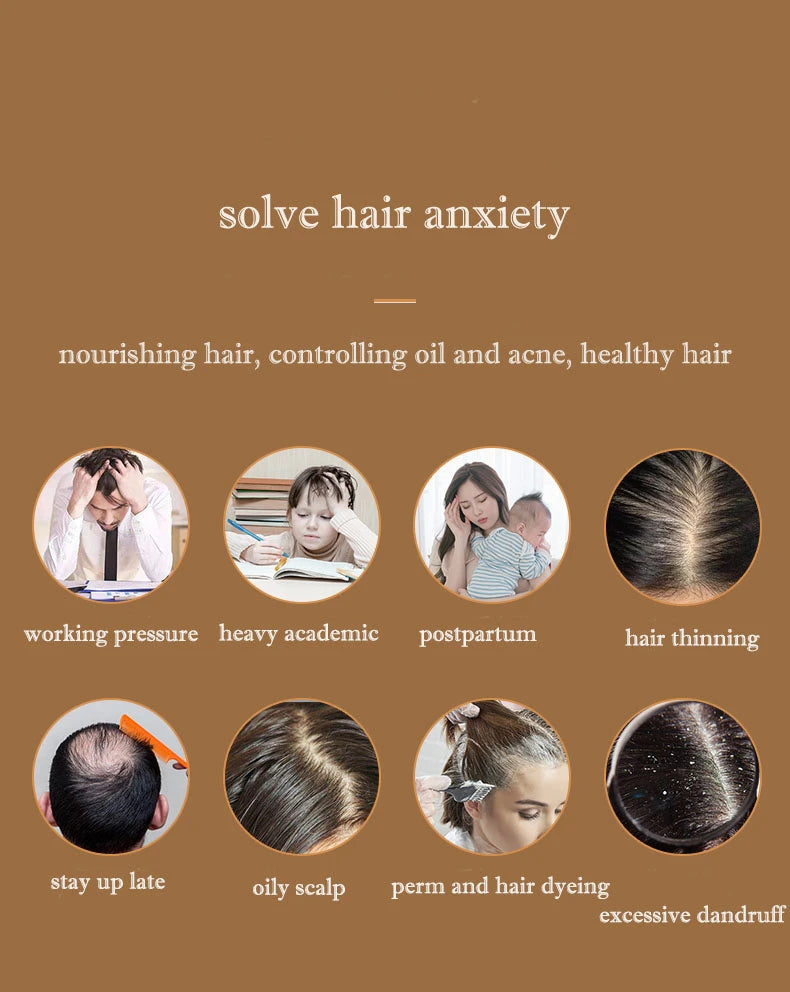Infographic showing hair growth cap benefits for stress, postpartum thinning, oily scalp, and dandruff treatment.