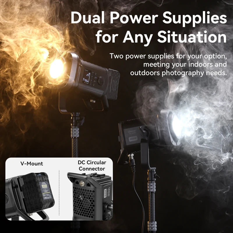 200W LED video lights on stands, showing V-mount battery and DC connector options for indoor or outdoor photography.