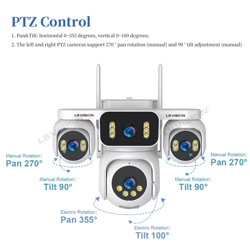 LS VISION 20MP Four Screens Solar Security Camera Outdoor 12X Zoom 4-Lens 4G Sim Ai Tracking Waterproof CCTV 24/7 Recording AOV