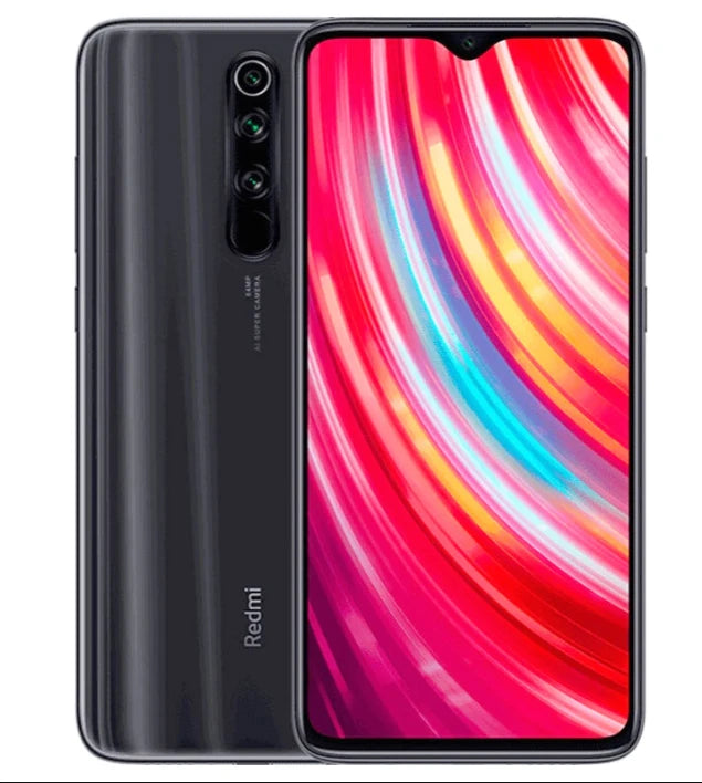 Grey Xiaomi Redmi Note 8 Pro showing front display and rear 64MP quad-camera setup.