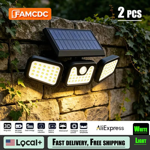 Three-head solar motion wall light with black housing, solar panel, white LEDs (2-pack)