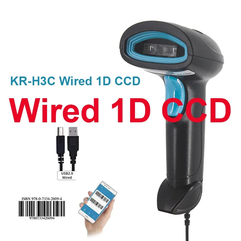 Black wired 1D CCD handheld barcode scanner with blue scan window and cable