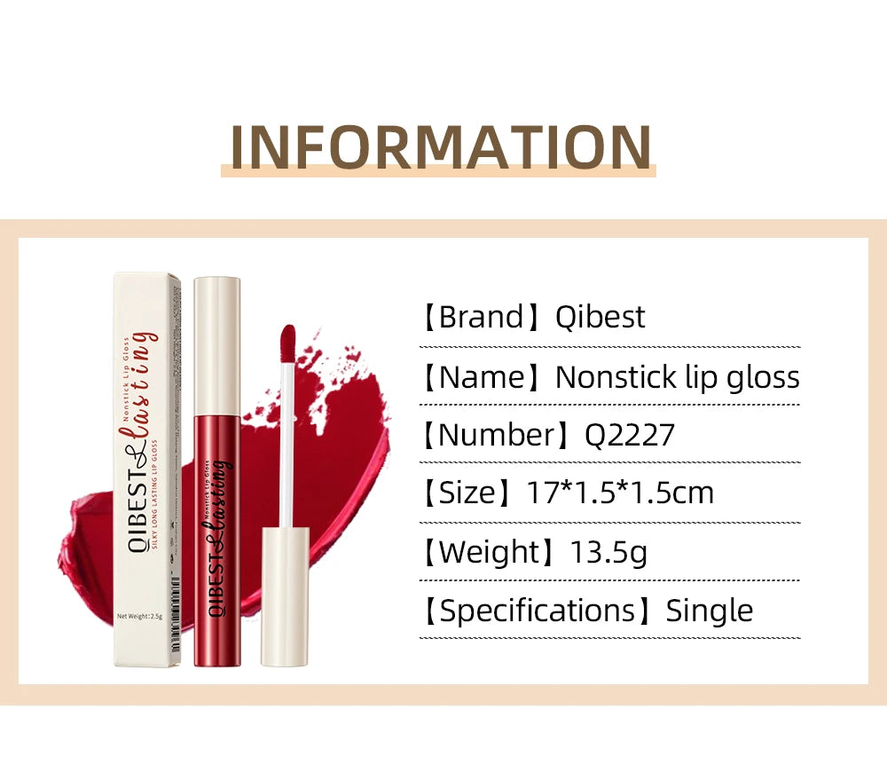 Qibest waterproof matte liquid lipstick in sexy red, long-lasting velvet nonstick lip stain with applicator and box.