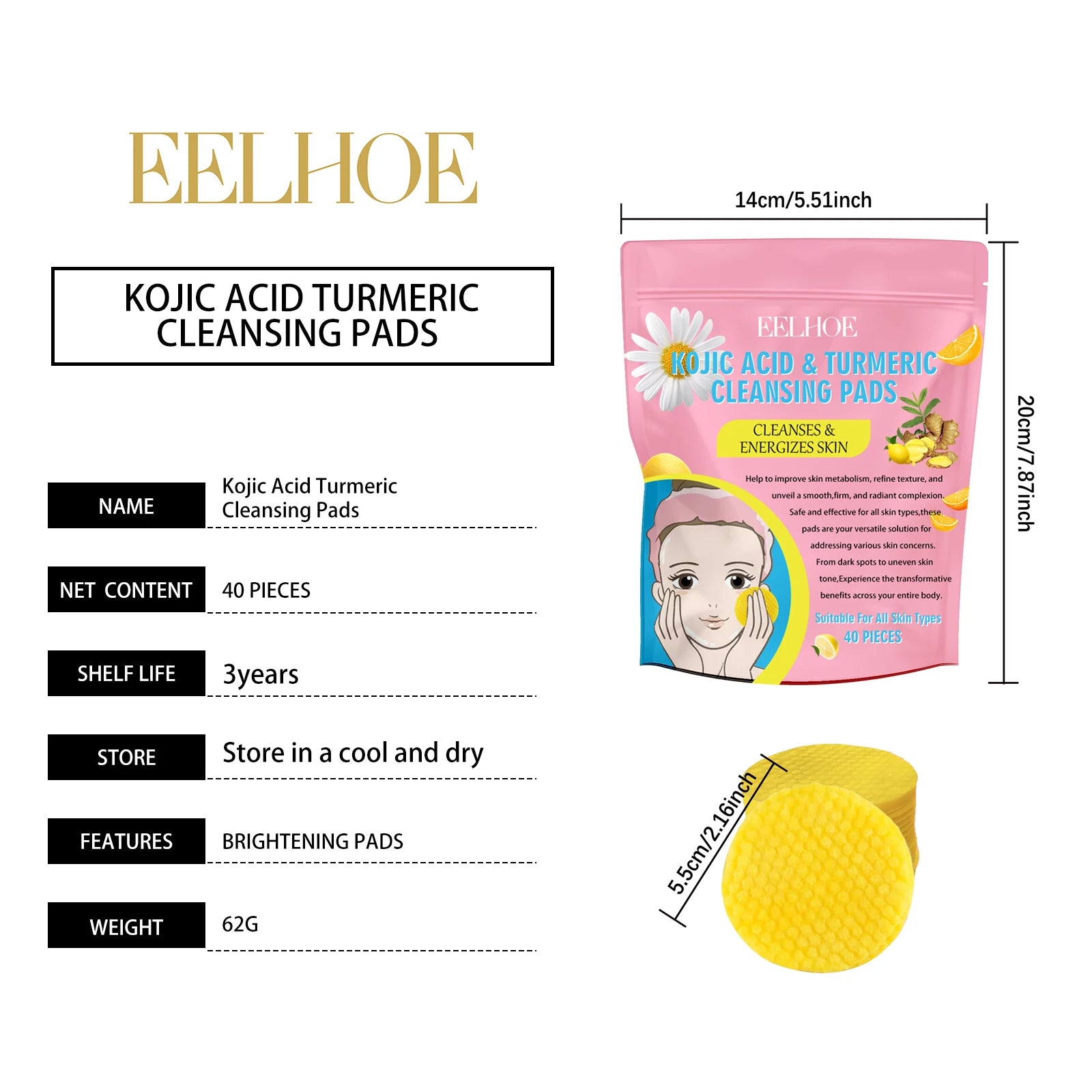 Turmeric Kojic Acid Cleansing Pads Exfoliating Pads Facial Sponges For Cleansing Exfoliating Daily Cleansing Skin Care Tools