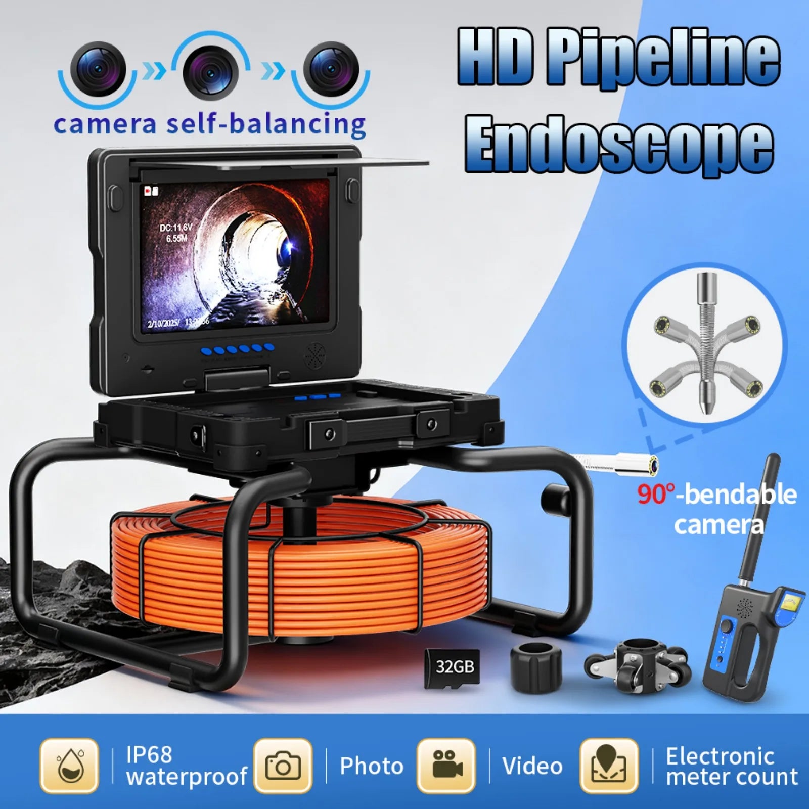 512Hz Self-Leveling Sewer Camera with Meter Counter,9"1080P DVR Drain Inspection Camera,7MM Diameter Cable 32GB TF Card 12 Leds
