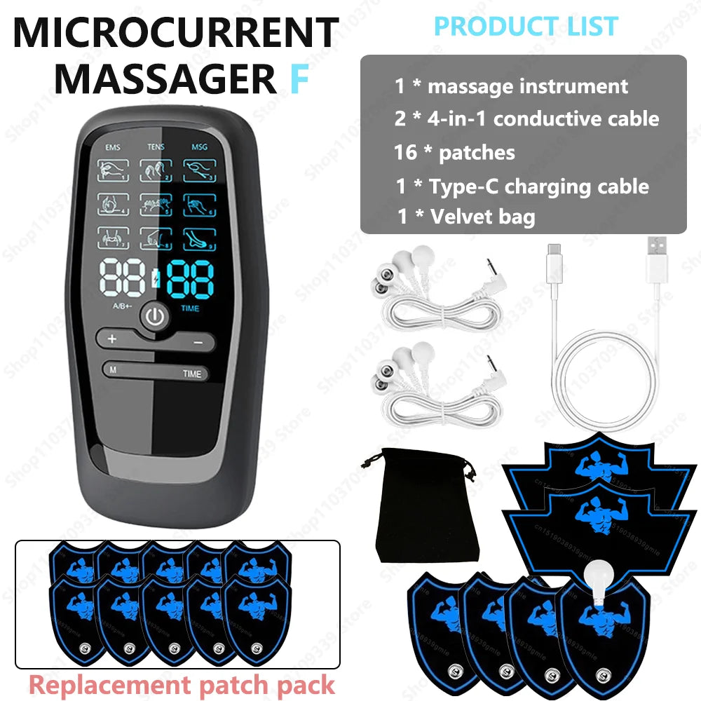 Black handheld microcurrent massager with digital display, conductive cables, Type-C charger, and 16 muscle relief