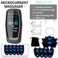 Black handheld microcurrent massager with digital display, conductive cables, Type-C charger, and 16 muscle relief