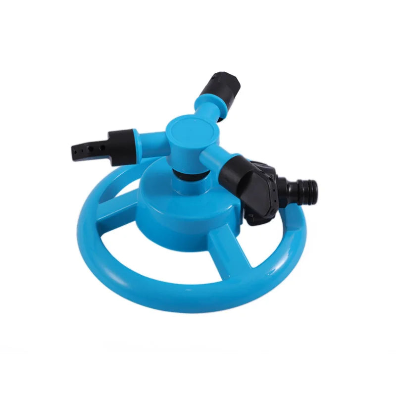 Blue rotating lawn sprinkler nozzle with adjustable arms and black hose coupling