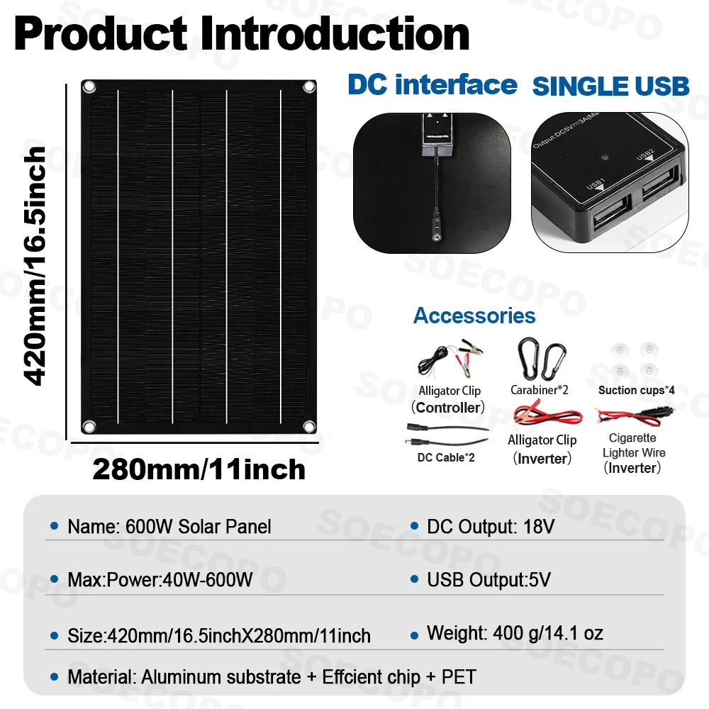 SOECOPO 10000W Solar Power Full Kit DC 12V - AC 110V 220V Inverter 100A Controller 2*600W Panels for Home System Camping
