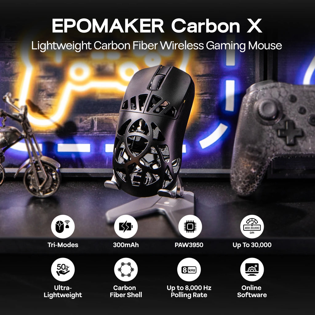 EPOMAKER Carbon X Gaming Mouse Wired/2.4G/BT Wireless Ultra-Lightweight Carbon Fiber Shell Mouse with PAW3950 Sensor 300mAh