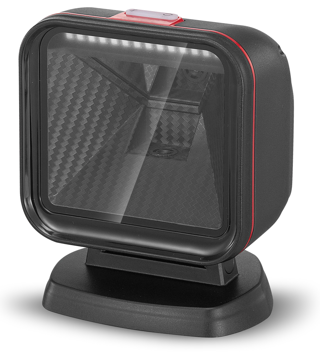 Desktop 2D barcode scanner with red trim and clear front scan window