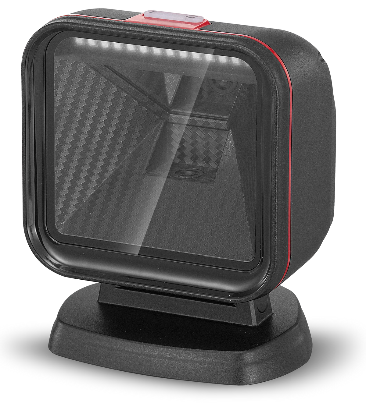 Desktop 2D barcode scanner with red trim and clear front scan window