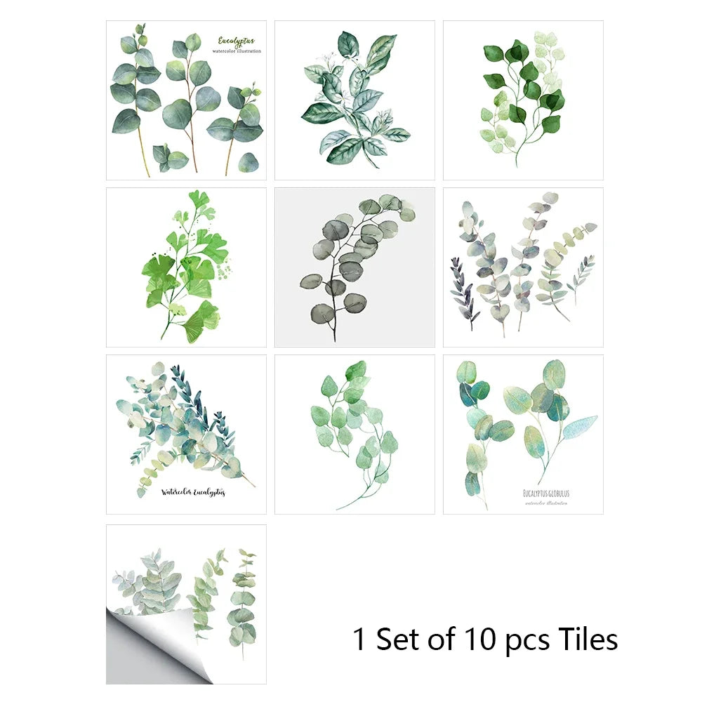 Green botanical leaf tile stickers, 10-piece set with eucalyptus-style illustrations