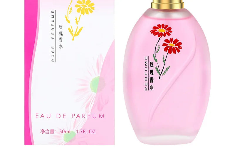 Women’s Rose Eau de Parfum, 50ml floral fragrance in an oval glass bottle with flower art. Long-lasting scent gift.