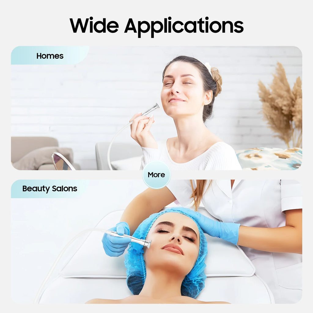 Woman using diamond microdermabrasion machine at home and esthetician performing professional salon facial treatment.