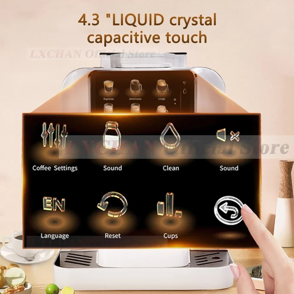 LXCHAN automatic espresso coffee machine with 4.3-inch touch screen display and intuitive control interface.