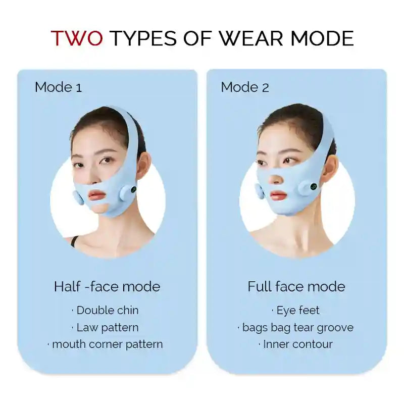 Light blue silicone EMS facial slimming mask shown in two modes: half-face for chin and full-face for lifting.