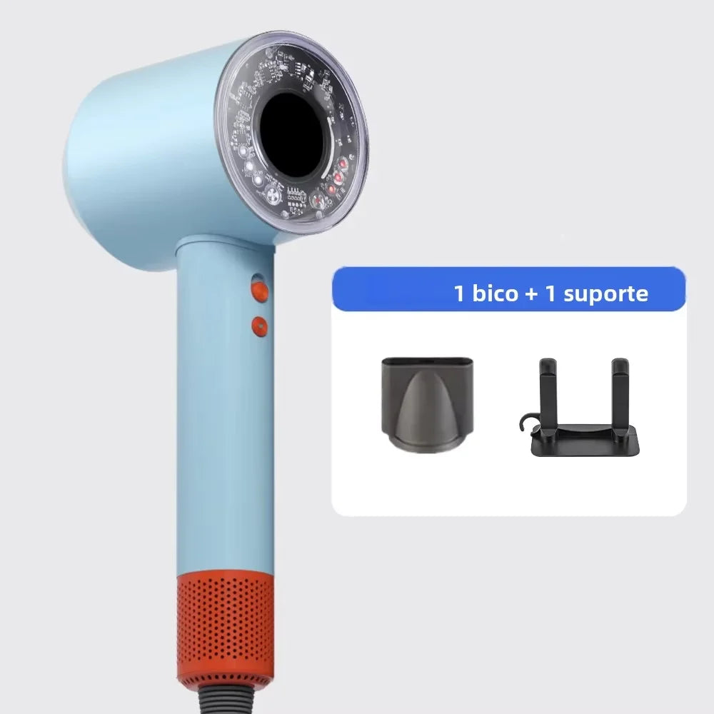 Light blue leafless negative ion hair dryer with nozzle attachment and stand for fast, professional home hair care.