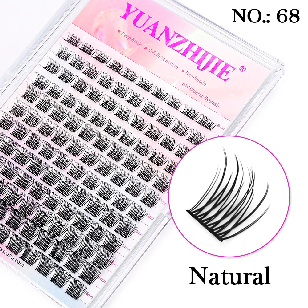 A tray of 144 black, segmented DIY cluster lashes with a pink label and a circular inset showing a single lash style.